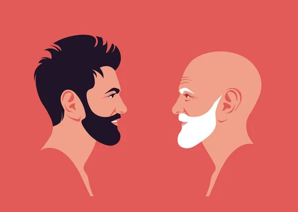 Обличчя Двох Усміхнених Чоловіків Бородою Профілі Вид Збоку Процес Старіння — стоковий вектор