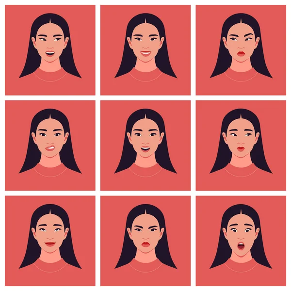Conjunto Rostros Femeninos Asiáticos Varias Emociones Sentimientos Colecciones Retratos Ilustración — Vector de stock