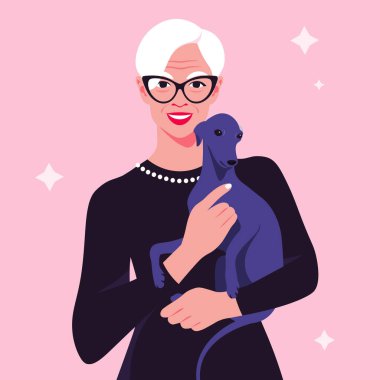 Yaşlı bir kadın bir köpek yavrusu tutuyor. Hayvan evlat edinme ve koruyucu aile. Veterinerlik. Düz biçimli vektör illüstrasyonu