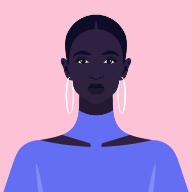 Üzgün bir Afrikalı kadının yüzü. Melankoli ve depresyon. Bir gencin portresi. Vektör Düz Çizim