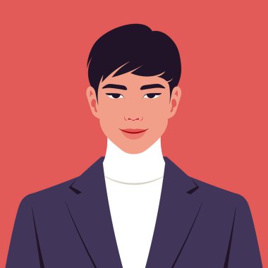 Asyalı mutlu bir adamın portresi. Gözlüklü başarılı bir iş adamının Avatar 'ı. Politikacı. Vektör düz resimleme