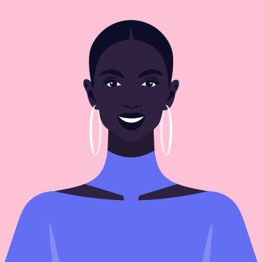 Mutlu bir Afrikalı kadının yüzü. Bir gencin portresi. Vektör Düz Çizim