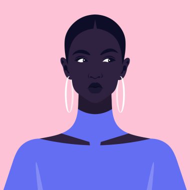 Afrikalı kadınlar şüphe eder. Düşünceli bir öğrencinin portresi. Şüpheci. Avatar. Vektör düz resimleme.