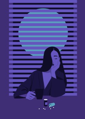 Genç bir Asyalı kadın karanlık bir odada oturup acı çekiyor. Depresyon ve uykusuzluk. Vektör düz resimleme