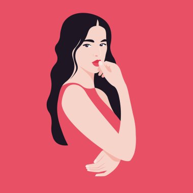 Genç bir Asyalı kadın düşünüyor ve karar veriyor. Ayakta duran mankenin portresi. Sorunlar ve çözüm. Vektör Düz Çizim