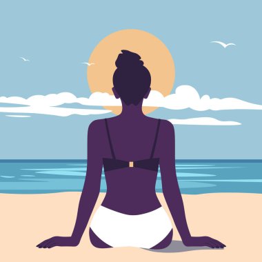 Afrikalı bir kadın kumlu bir sahilde tek başına oturmuş denizin tadını çıkarıyor. Arkadan bak. Güney tatil beldelerinde yaz tatili. Vektör düz resimleme