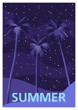 Tropik bir sahilde üç palmiye ağacı. Seyahat posteri. Yaz tatilleri. Vektör düz resimleme.