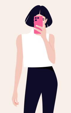 Moda kadınının portresi elinde akıllı bir telefonla ön kameraya selfie çekiyor. Sosyal medya için bir blogcu fotoğraflanır. Vektör düz resimleme