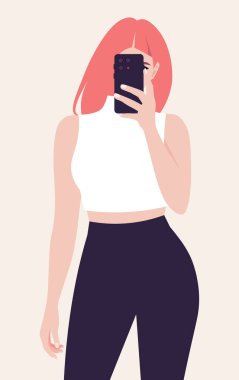 Virajlı kızıl saçlı kadının elinde akıllı bir telefonla ön kameraya selfie çeken portresi. Sosyal medya için bir blogcu fotoğraflanır. Vektör düz resimleme