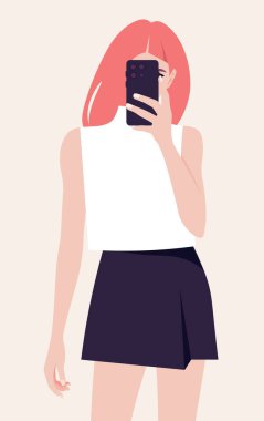 Elinde akıllı bir telefonla kameraya selfie çeken kızıl saçlı bir kadının portresi. Sosyal medya için bir blogcu fotoğraflanır. Vektör düz resimleme