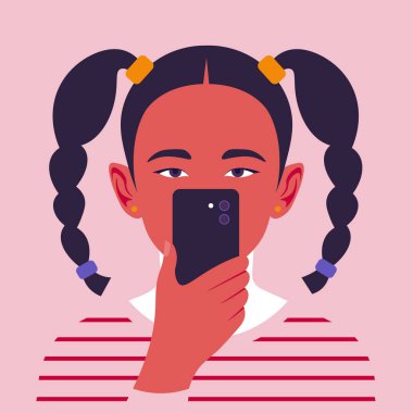 Akıllı telefonlu Asyalı bir kızın portresi. Gülümseyen bir çocuğun yüzü. Bir liseli kızın Avatar 'ı. Vektör düz resimleme