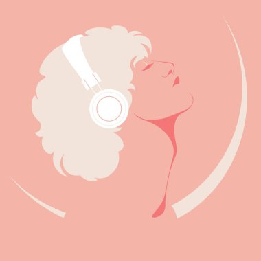 Müzik terapisi. Bir müzisyenin profili. Kıvırcık adam kulaklıkla müzik dinler. Bir gencin moda avatarı. Vektör düz resimleme.