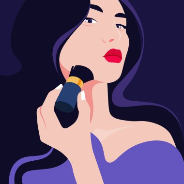 Fırça pudrası tutan Asyalı kadın. Makyaj ve güzellik prosedürleri. Moda vektör illüstrasyonuName