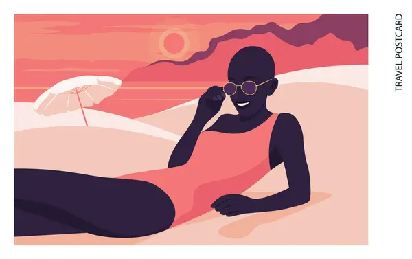 Африканская Женщина Лежит Песчаном Пляже Заднем Плане Морем Горами Летние Стоковый вектор
