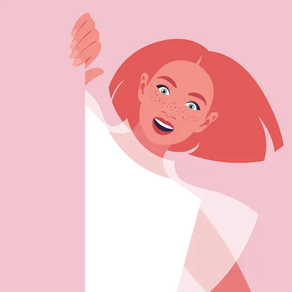 Красивая Рыжая Женщина Выглядывает Наружу Интернет Баннер Открытка Векторная Иллюстрация Векторная Графика