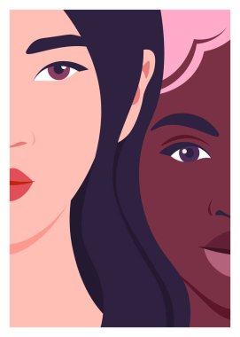 İki genç kadının portresi. Afrikalı ve Asyalı mankenlerin yüzleri. Bir çift LGBTQ. Vektör düz resimleme