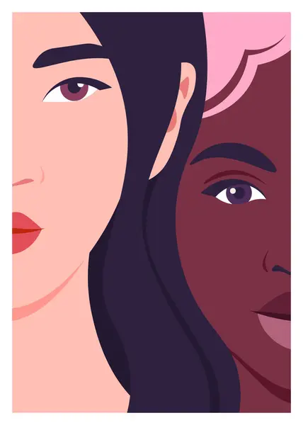 Портрет Двух Молодых Женщин Лица Африканских Азиатских Моделей Пара Лгбтк Стоковая Иллюстрация