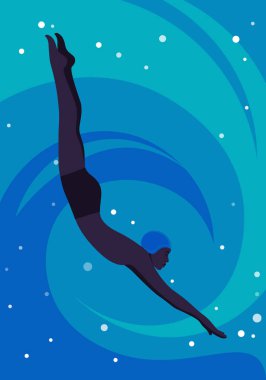 Yüzme havuzunda bir Afrikalı. Suya atlamak ve havuzda yüzmek. Su sporları. Vektör düz resimleme