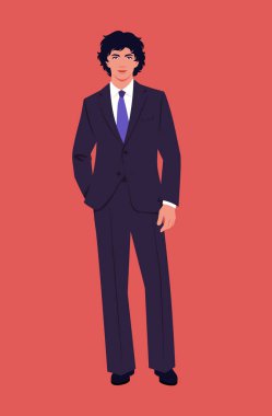 Genç kıvırcık saçlı bir adamın tam boy portresi. Takım elbiseli mutlu bir iş adamının portresi. Vektör düz resimleme