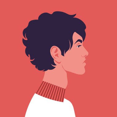 Profilde kıvırcık bir adamın portresi. Çeşitlilik. Bir öğrencinin yüzü. Yan görüş. Sosyal medya için Avatar. Vektör düz resimleme