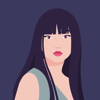 Karanlık bir arka planda genç bir Asyalı kadının yüzü. Vektör Düz Çizim