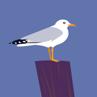 Bir martı mavi bir arka planda tahta bir direğin üzerinde oturuyor. Gezgin Denizci posteri. Vektör düz resimleme