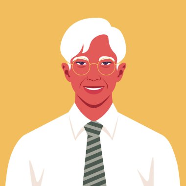 Beyaz saçlı, yaşlı bir Asyalı. Büyükbabanın kafası. Bir iş adamının portresi. Vektör düz resimleme