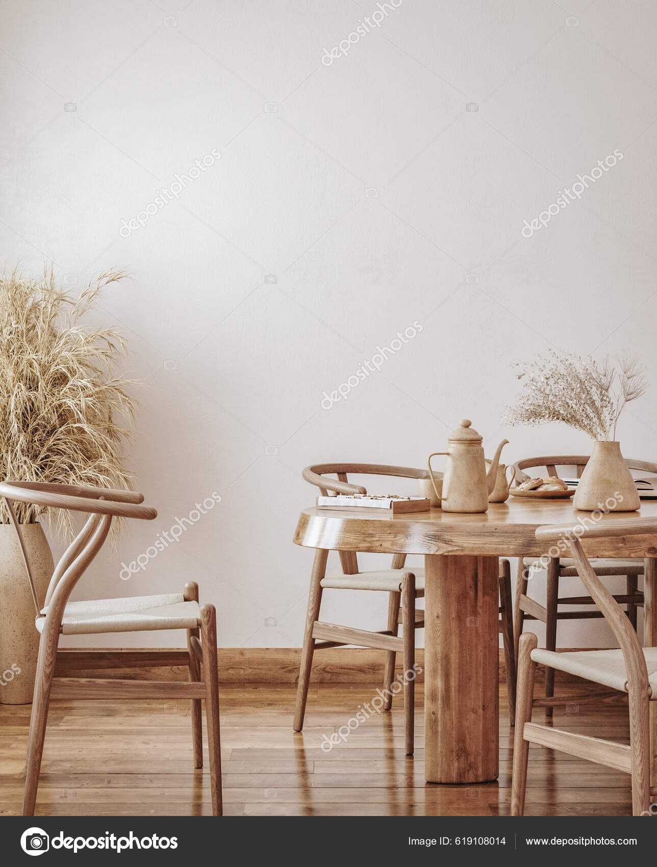 Farmhouse Dining Room Interior Wall Mockup Render Stock Photo by