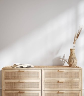 Ev yapımı, iç mimari arka planda rattan mobilyalar ve boş duvar, sahil tarzı, 3D görüntüleme.