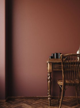 Evin içi, masa ve sandalyeli karanlık oda, boş duvar, 3 boyutlu görüntü.