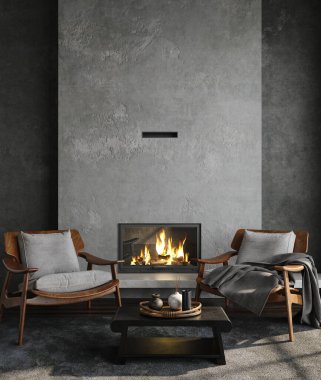 Dark living room loft with fireplace, industrial style, 3d render
