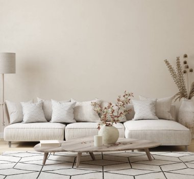 Ev modeli, bej oda, doğal ahşap mobilyalar, Scandi boho tarzı iç mekan, 3D görüntüleme.