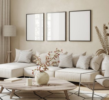 Ev modeli, bej oda, doğal ahşap mobilyalar, Scandi boho tarzı iç mekan, 3D görüntüleme.