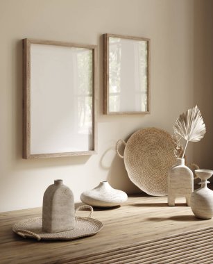 Scandi-boho tarzı, 3D görüntüleme, ev içi olarak çerçeve modelle