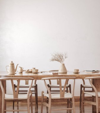 Çiftlik evi yemek odası iç mekan, duvar maketi, 3D resim.