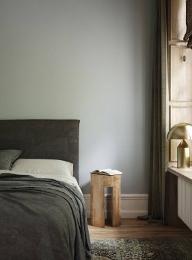 Ev yapımı, yatak odasının içinde yatak ve dekor, 3 boyutlu.