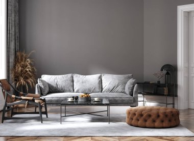 Home mockup, modern grey interior with brown decoration, 3d render clipart