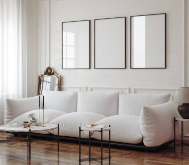 Modern klasik oturma odası iç planında çerçeve modeli, 3 boyutlu canlandırma