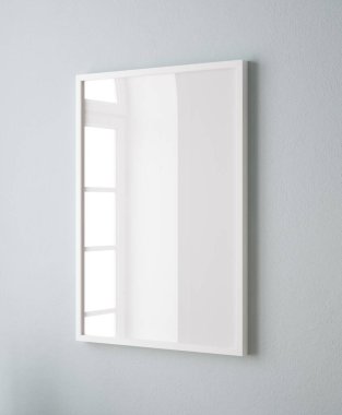 Duvarda dikey beyaz çerçeve modeli. Boyalı mavi renk, 3D renkte.