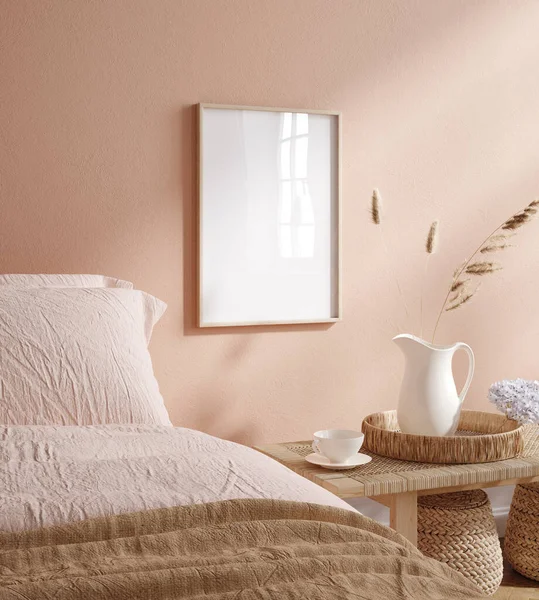 Ξύλινο Καρέ Mockup Στο Υπνοδωμάτιο Εσωτερικό Παστέλ Ροζ Τόνους Καθιστούν — Φωτογραφία Αρχείου
