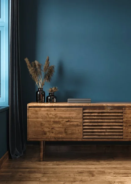 Commode Decor Living Room Interior Dark Blue Wall Mock Background — Stock Photo, Image