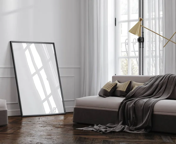 モダンな家具と古典的な白いインテリアでブラックフレームモックアップ 3Dレンダリング — ストック写真