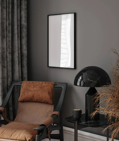 Mockup Poster Frame Modern Interior Grey Room Brown Decoration Render — Stock Photo, Image