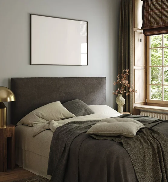 Yatak odasında yatak ve dekor ile ev içi arka planda çerçeve modelleme, 3d canlandırma