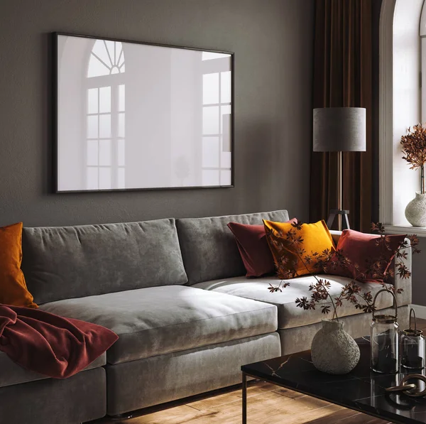 Mockup frame in modern dark living room interior, 3d render