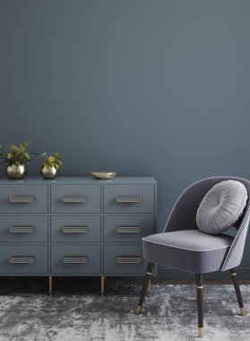 Evin içinde oturma odası, duvar maketi, 3D görüntü.