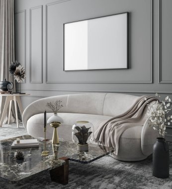 Modern ev içi arka planda poster çerçeve modellemesi, 3d oluşturma