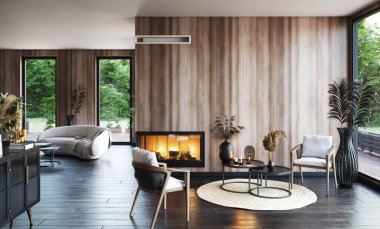 Modern karanlık ev iç mimarisi, çatı katı iç mimarisi, 3D görüntüleme