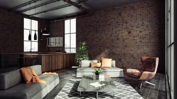 Living Room Loft Industrial Style Render — Stock Photo, Image