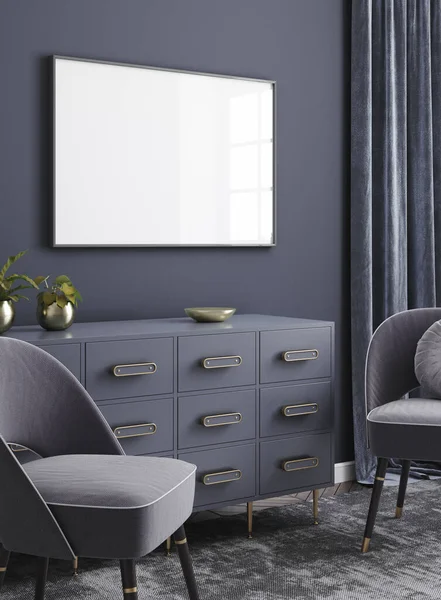 Mock Frame Dark Blue Home Interior Render — Stock Photo, Image